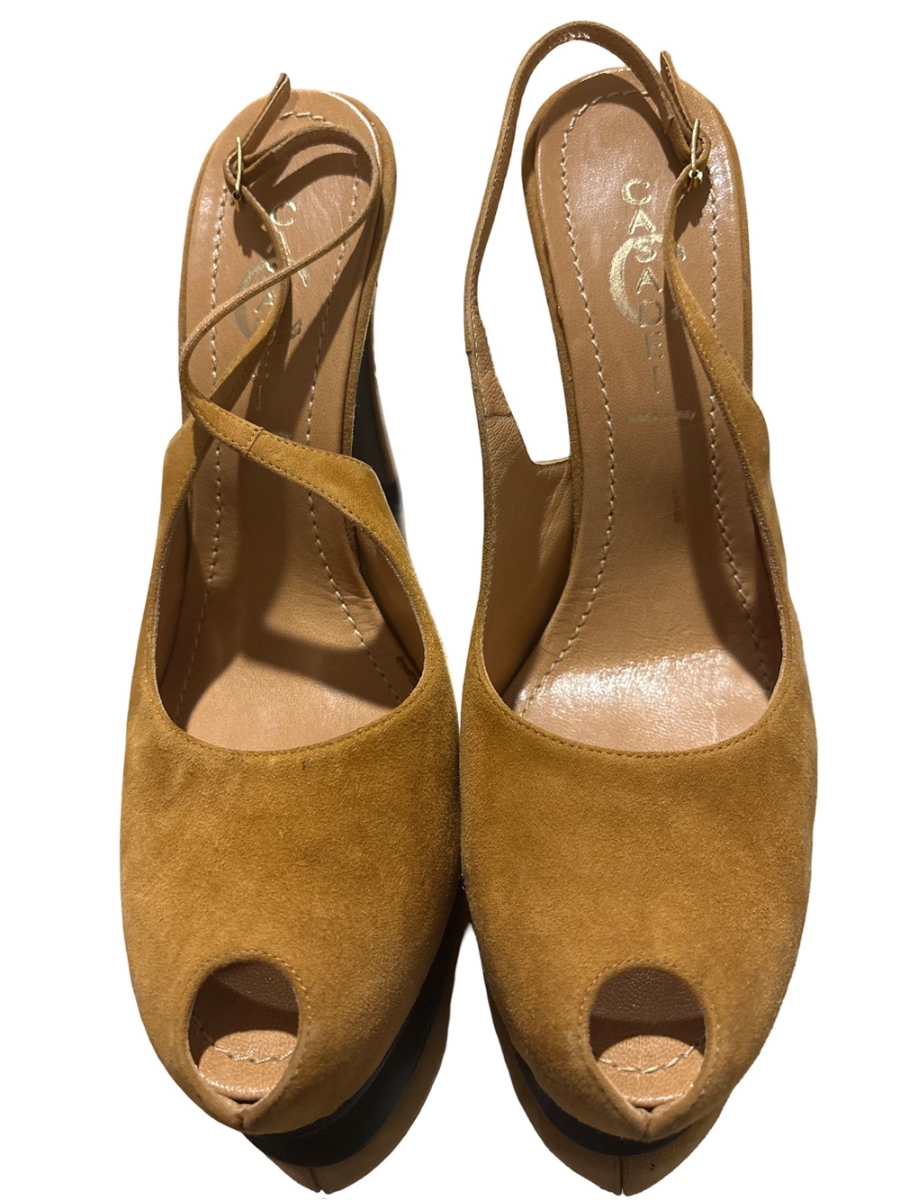 Casadei Mustard Suede Peep-Toe Slingback Platforms